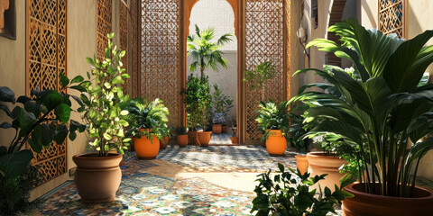 Obraz premium A vibrant Moroccan courtyard, with intricate mosaic tiles, lush green plants in terracotta pots, and sunlight casting patterns through carved wooden screens. The exotic and artistic atmosphere feels