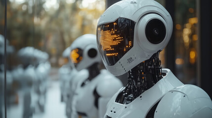 Fototapeta premium Nowoczesne laboratorium badawcze, roboty współpracują z ludzkimi naukowcami