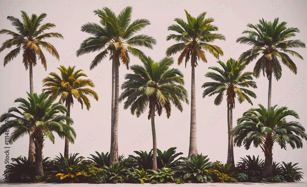 Poster row of palm trees with some green leaves and some brown leaves. the palm trees are all lined up