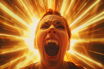 A young Caucasian woman screams with intense emotion, surrounded by an explosion of bright, radiant...