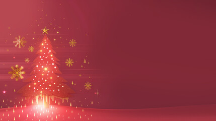 Red Christmas background with Christmas tree, stars and snowflakes on the border, red gradient background with golden pine branches, lights, and bokeh effects. Vector illustration for web banner
