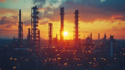 Obraz premium Innovations in Oil Refinery Efficiency at Sunset over Factory Landscape