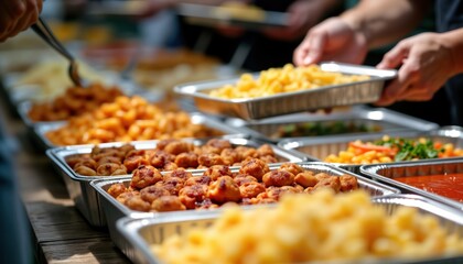 Obraz premium Delicious food buffet served. Various dishes arranged in metal trays. Many people seen serving. Food fresh, tasty. Looks like party celebration. Great photo for catering business, event planners.