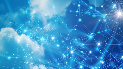 Fototapeta premium A glowing web of nodes and connections forms a digital network, symbolizing smart connectivity, 5G communication, IoT, and the intelligent interconnection of everything.