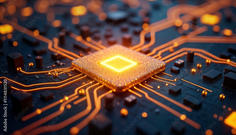 Aufkleber Advanced tech CPU on motherboard. Data transfer with orange light trails. Electronic circuit board with glowing processor chip. Concept for big data AI machine learning. Modern tech illustration.