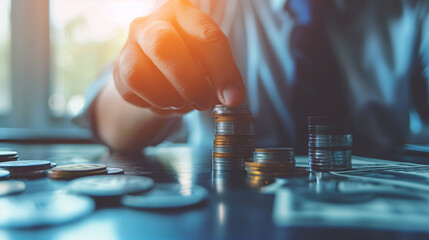 A businessman in a white shirt and blue tie stacks coins, symbolizing wealth growth and mastery over financial success, with sharp focus on details.