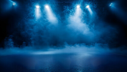 Fototapeta premium The dark stage shows, dark blue background, an empty dark scene, neon light, spotlights The asphalt floor and studio room with smoke float up the interior