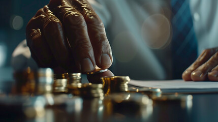 A businessman in a white shirt and blue tie stacks coins, symbolizing wealth growth and mastery over financial success, with sharp focus on details.