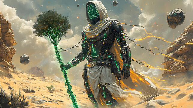 Geb in futuristic earth-inspired armor with glowing vines and a digital tree staff, surrounded by a neon-lit cyber landscape with floating rocks