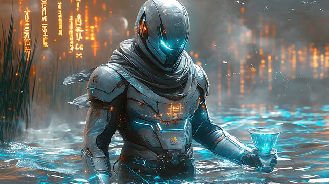 Hapi in glowing aquamarine armor with holographic rivers and an energy chalice, set in a cyber Nile with neon waves and glowing reeds