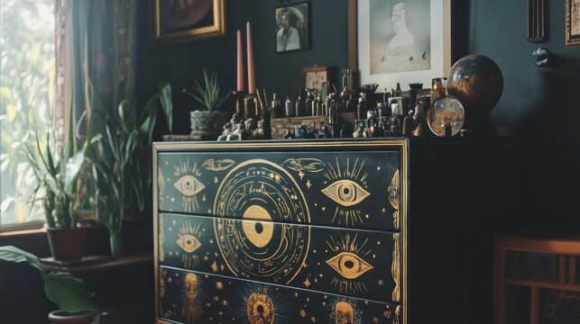 Mystical gold-detailed dresser in dark room.