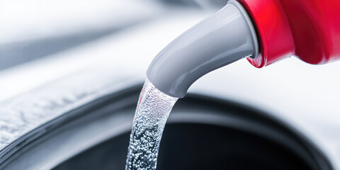 Obraz premium Pouring antifreeze closeup. Filling a car windshield washer tank with an antifreeze. Protecting the windshield from frost and ice in winter