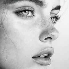 Obraz premium A pencil drawing of a woman's face with freckles on her nose and chestnut-colored eyes