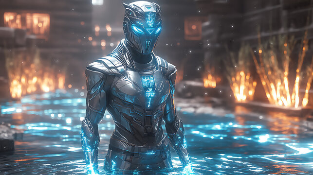 Hapi in glowing aquamarine armor with holographic rivers and an energy chalice, set in a cyber Nile with neon waves and glowing reeds