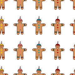 Seamless pattern with Gingerbread man. Cute hand drawn doodle figures. Merry Christmas and Happy New Year ornament. Cartoon design background. Colorful outline icons.
