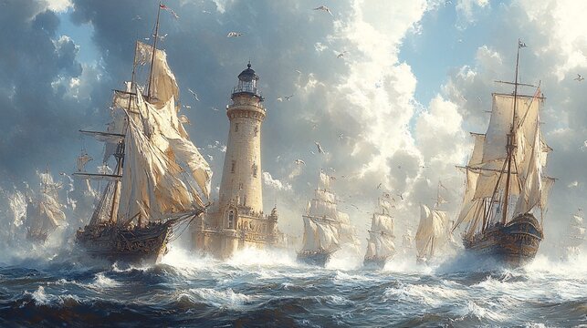 a painting of alexandria lighthouse with many ships around it