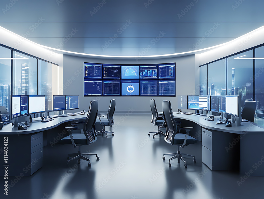 Poster Security system control room, workstation, monitoring room with security data center empty office, desk and chairs
