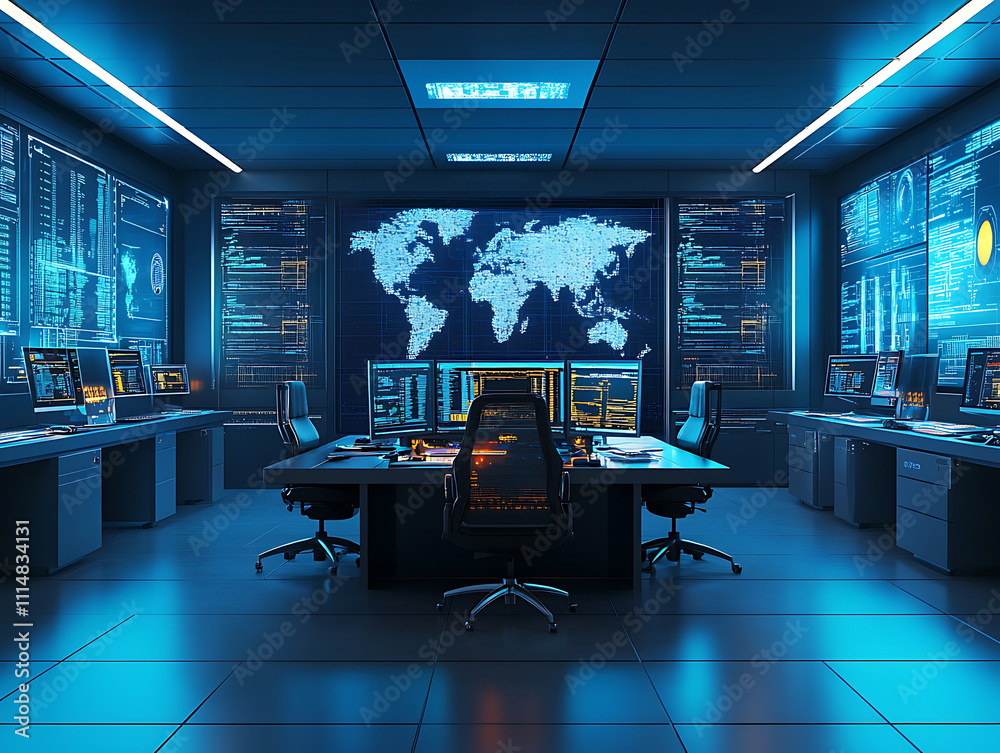 Aufkleber security system control room, workstation, monitoring room with security data center empty office, d