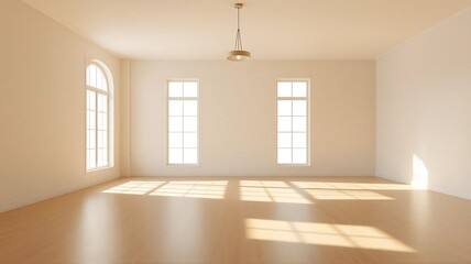 Fototapeta premium Bright empty modern spacious room with natural sunlight illuminating a light wooden floor, concept for interior design, real estate and renovation projects