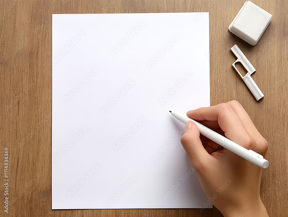 Poster simple white desktop with one hand writing on a piece of paper with a neutral pen and some note-taki