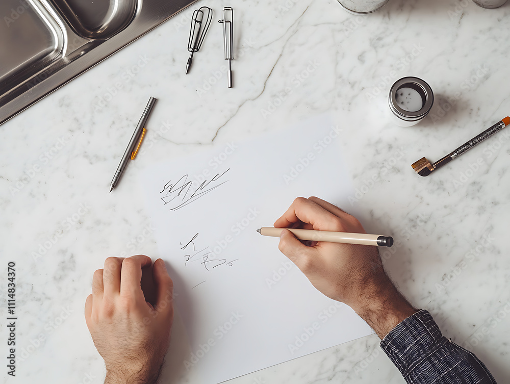 Aufkleber Simple white desktop with one hand writing on a piece of paper with a neutral pen and some note-taking tools on the table
