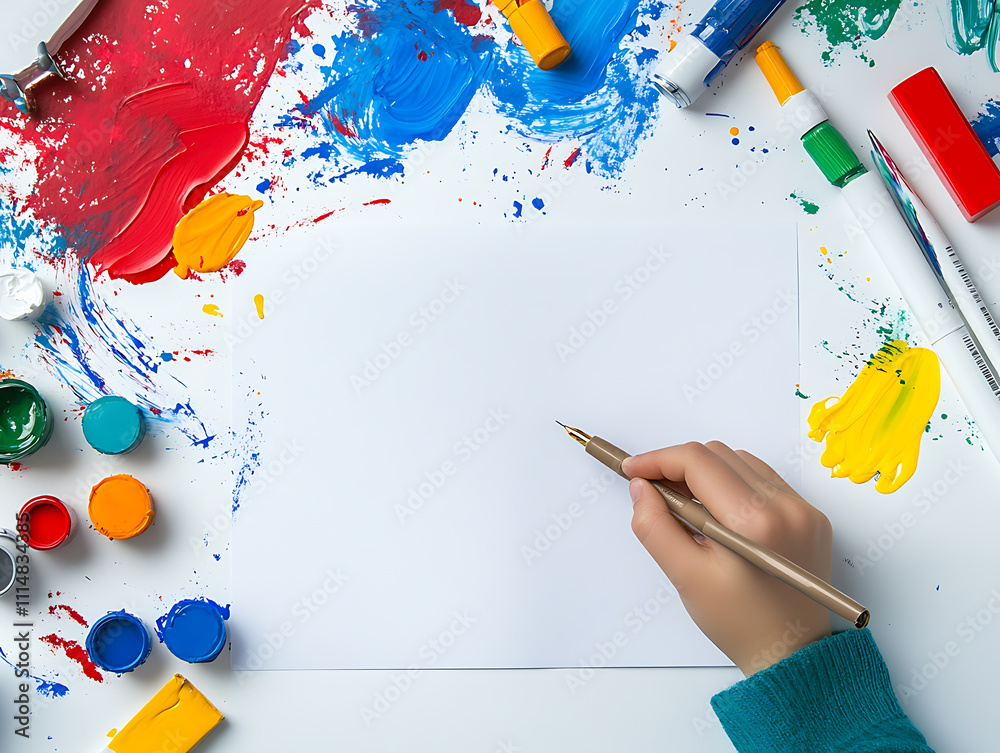 Poster Simple white desktop with one hand writing on a piece of paper with a neutral pen and some note-taking tools on the table