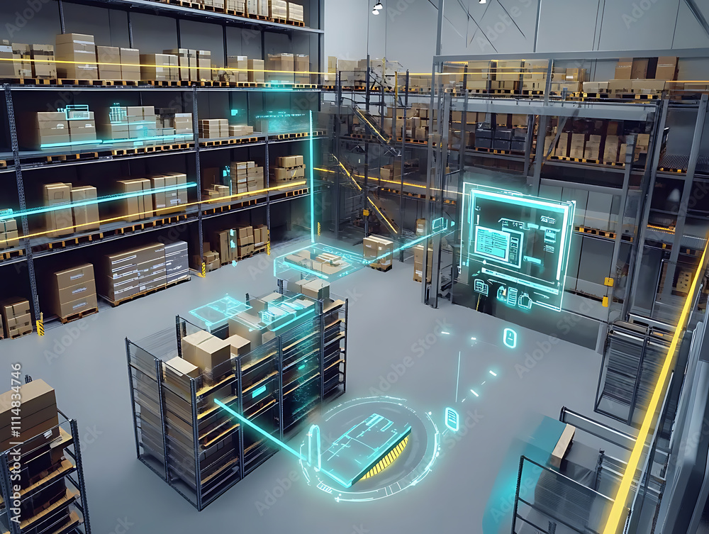 Aufkleber Smart warehouse management system using augmented reality technology to identify package picking and delivery, future concept of supply chain and logistic busines