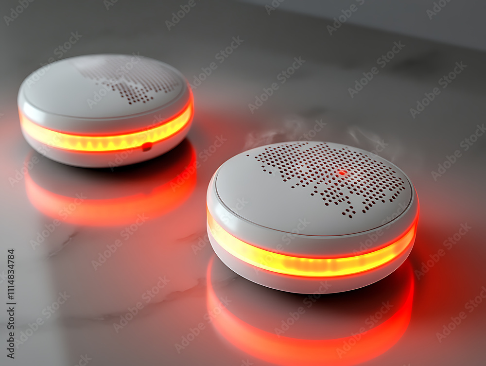 Poster Smoke detector and fire alarm in action background with copy space