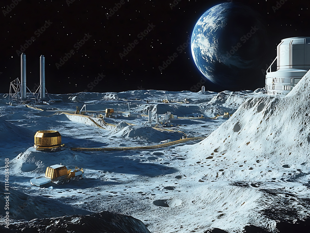 Poster space mining base operation on the moon surface, with planet earth in the distance