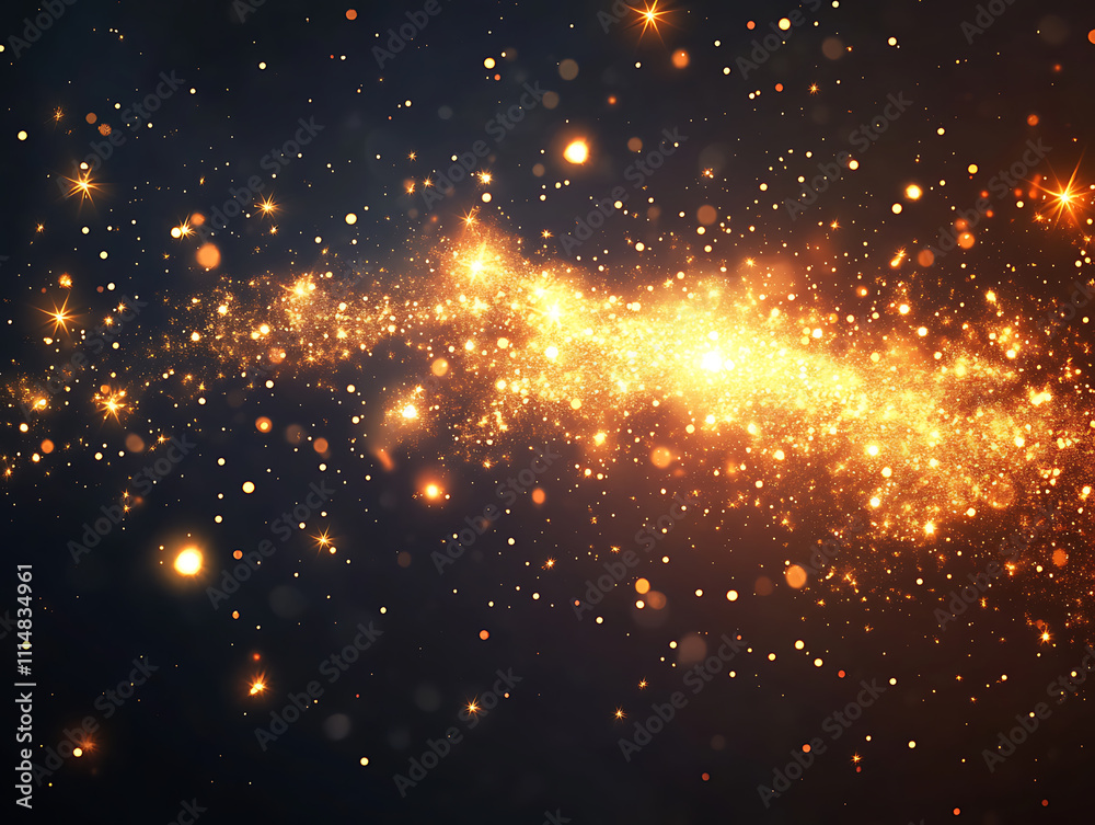 Poster sparks and embers flying up in the dark sky, creating a dazzling light effect on a black background