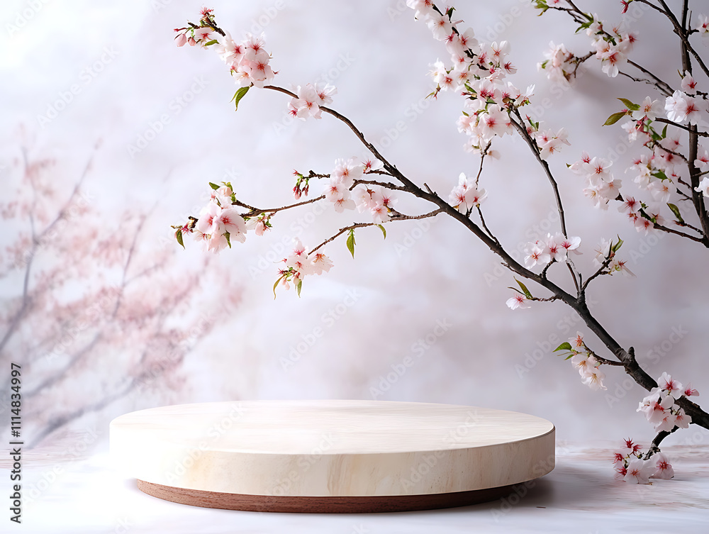 Poster spring cherry blossom product display podium for natural product, empty scene with sakura branch