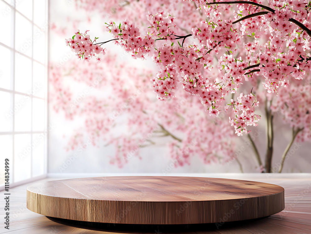 Poster spring cherry blossom product display podium for natural product, empty scene with sakura branch
