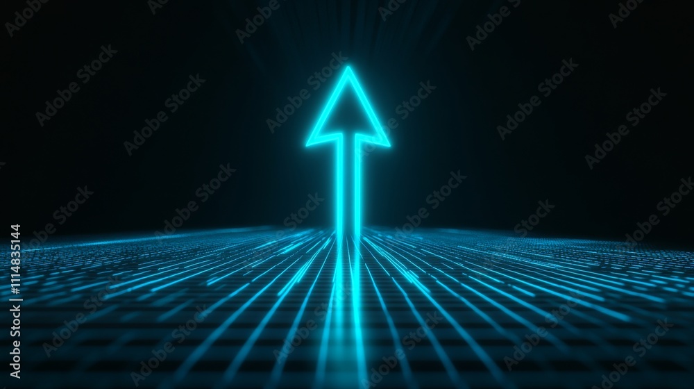 Poster futuristic glowing arrow on a digital grid background, innovation and technology concept