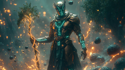 Fototapeta premium Geb in futuristic earth-inspired armor with glowing vines and a digital tree staff, surrounded by a neon-lit cyber landscape with floating rocks