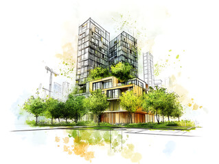 Obraz premium Sustainable development project sketch, green building and trees, urban planning, green space, and environmental sustainability, with energy efficiency and reduced carbon footprint