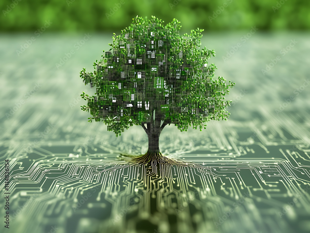 Poster the green tech startup: a tree growing from data