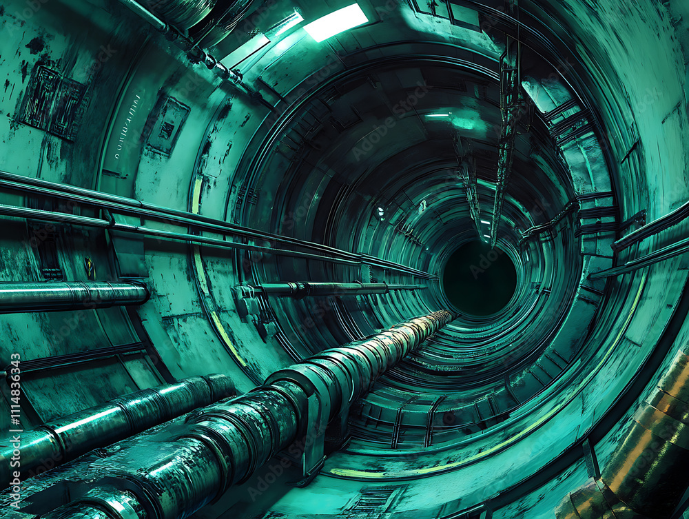 Poster the urban underground infrastructure by taking a close , up view of a round subway tunnel with tubin