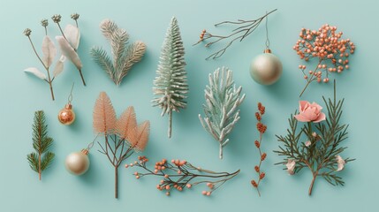 Beauriful Christmas pattern made of Christmas decoration and fir branches on blue pastel background. Flat lay, top view.