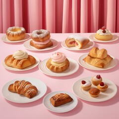 Plates with delicious pastries on them, on a pastel pink background, with a pink curtain in the back. Minimal food still life concept.
