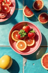 A blue tile table with a pink bowl of sliced fruits, strawberries and grapefruits on it. A mediterranean summer scene Vibrant and sunny .