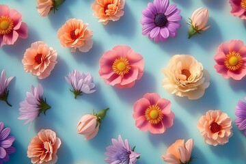 Colorful floral background. Pattern made of fresh flowers on vibrant blue background, flat lay. Beautiful spring colors fresh from the garden.
