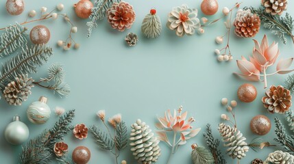 Beauriful Christmas frame made of Christmas decoration, gifts and fir branches on blue pastel background. Flat lay, top view.
