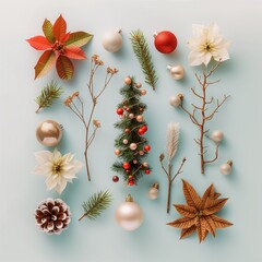 Beauriful Christmas pattern made of Christmas decoration and fir branches on blue pastel background. Flat lay, top view.
