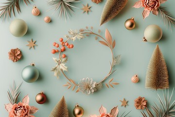 Beauriful Christmas frame made of Christmas decoration, gifts and fir branches on blue pastel background. Flat lay, top view.
