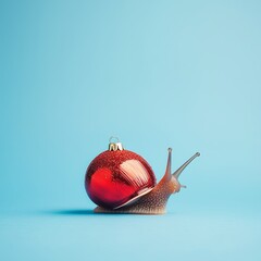A cute little snail with a red christmas ornament-like shell on blue pastel background. Abstract minimal Christmas concept.
 