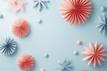 Frame made of paper decoration. Origami New Year ornaments on soft pastel background.