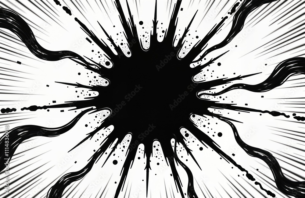 Poster Abstract black and white graphic design. Radial pattern with black ink splatter effect. Dynamic energy burst. Stylish and modern art style. Ideal for templates or backgrounds.