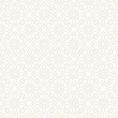 Luxury vector geometric seamless pattern. Abstract golden ornamental texture with flower silhouettes, leaves, crosses, outline shapes, repeat tiles. Simple white and gold background. Linear geo design