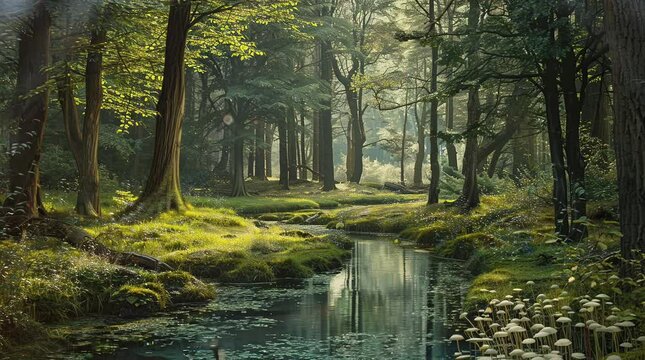 Small river flowing through lush greenery illuminated by soft morning sun rays in nature
Seamless looping 4k time-lapse virtual video animation Generated AI
