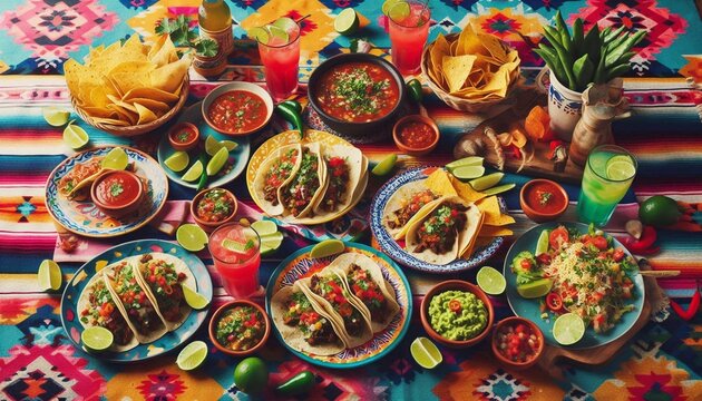Traditioneller mexikanischer Esstisch: Tacos, Guacamole und Margarita-Genuss